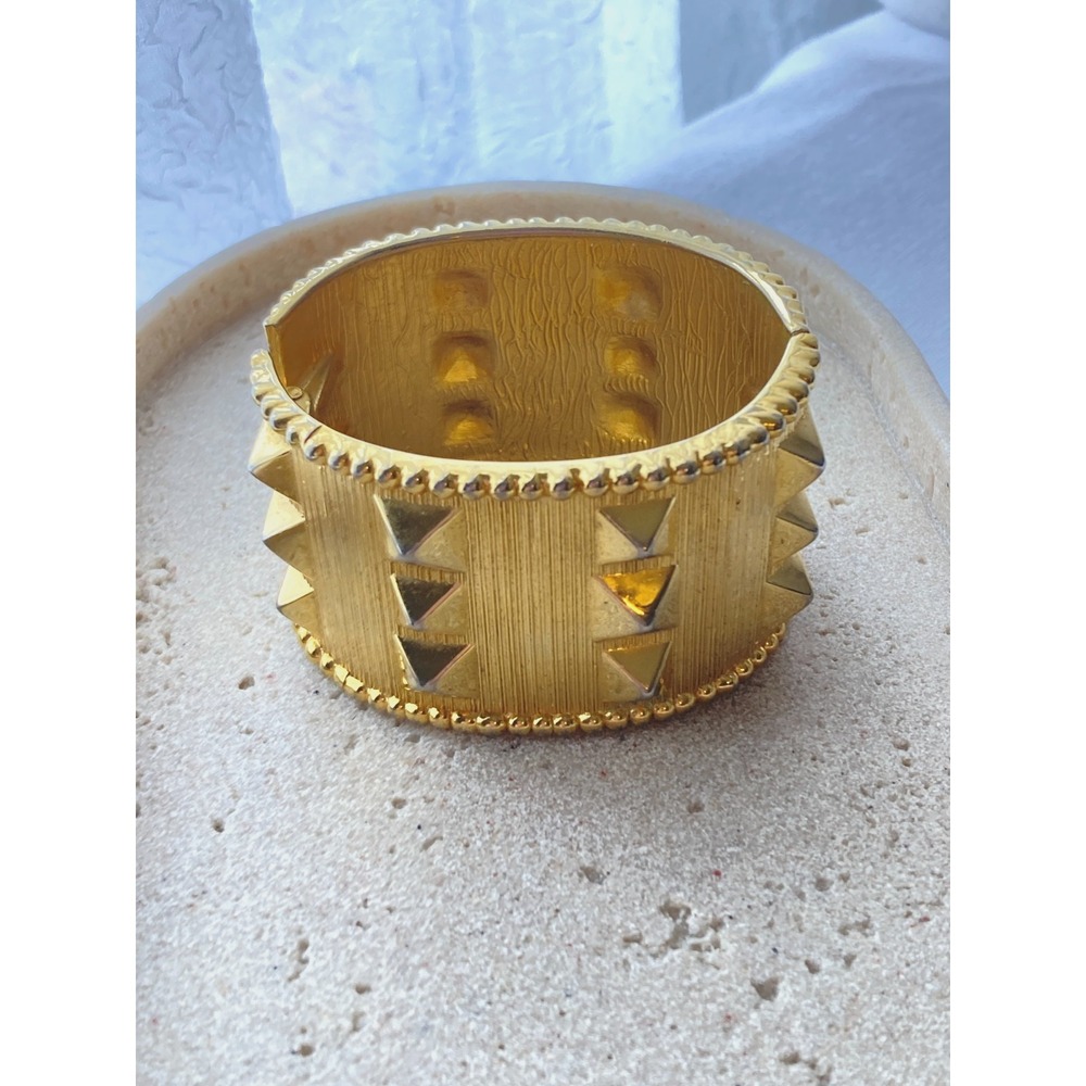 Gold Tone Pyramid Stud Wide Cuff Bangle Bracelet‎ Clamp Brutalist Modernist